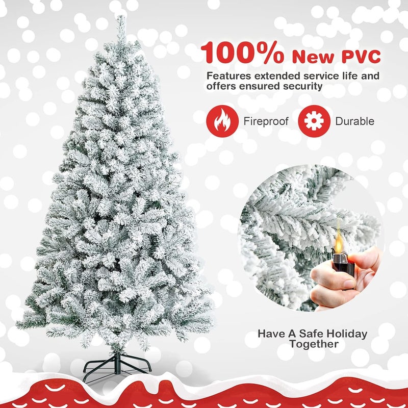 Costway 6 FT Snow Flocked Christmas Tree, Artificial Holiday Hinged Pine Tree with 600 Branch Tips, Solid Metal Stand, Premium Xmas Full Fake Tree for Home, Office, Party Decoration - Image 4